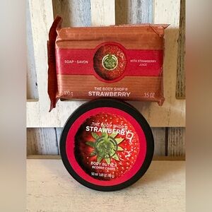 THE BODY SHOP Rare STRAWBERRY Lot 2pc Travel Sz Body Butter & Bar Soap Rare Set